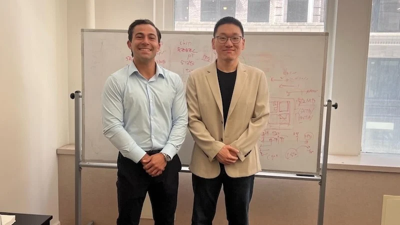 Jake Hertz (left) with Rebellions’ CEO and Co-Founder Sunghyun Park (right) in NYC. All About Circuits image.